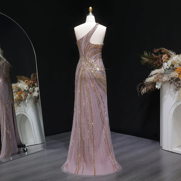 Luxury One Shoulder Beaded Evening Dress with High Slit SS153-DreamyVow