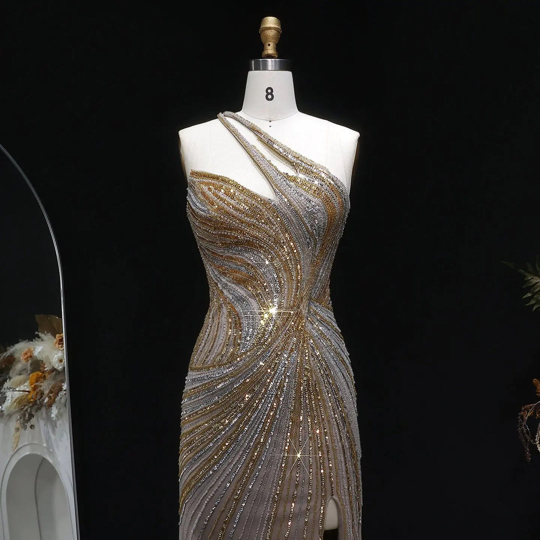 Luxury One Shoulder Beaded Evening Dress with High Slit SS153-DreamyVow