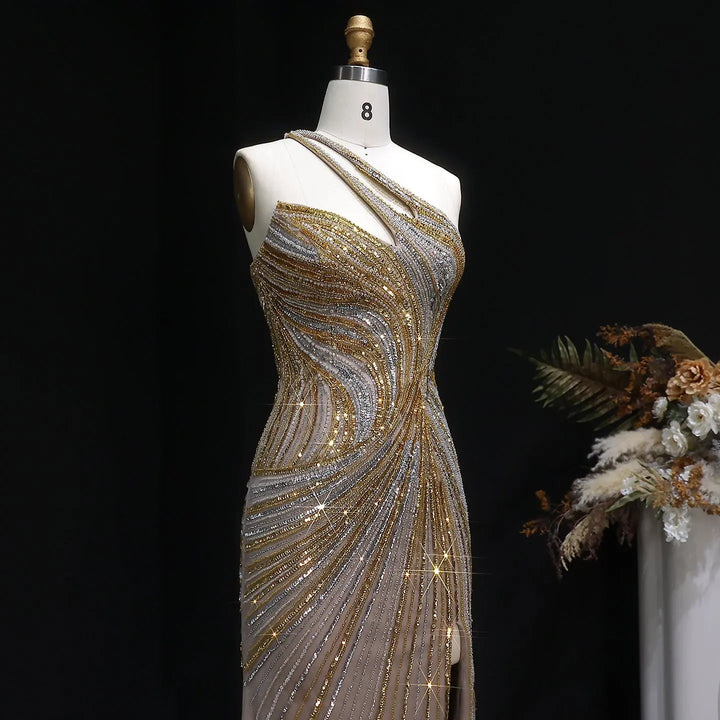 Luxury One Shoulder Beaded Evening Dress with High Slit SS153-DreamyVow
