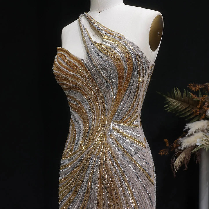 Luxury One Shoulder Beaded Evening Dress with High Slit SS153-DreamyVow