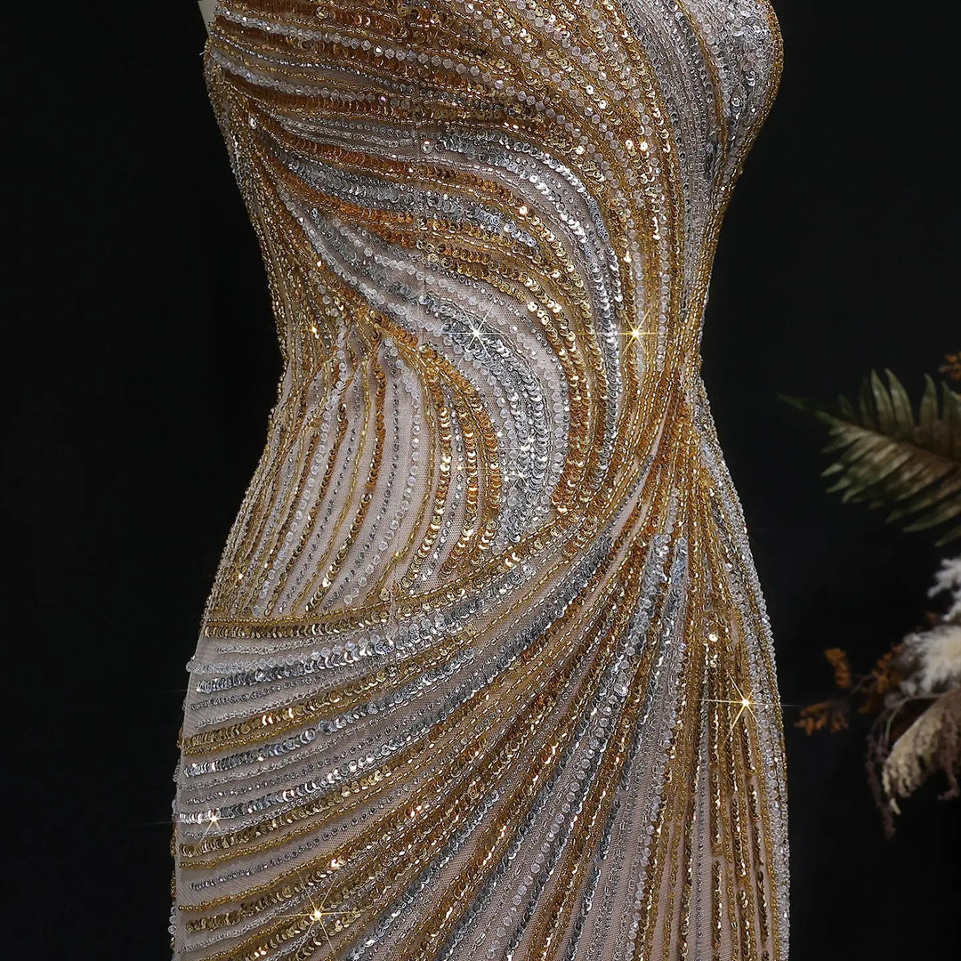 Luxury One Shoulder Beaded Evening Dress with High Slit SS153-DreamyVow