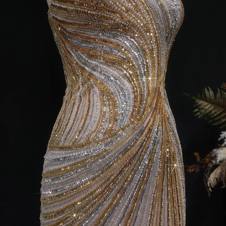 Luxury One Shoulder Beaded Evening Dress with High Slit SS153-DreamyVow