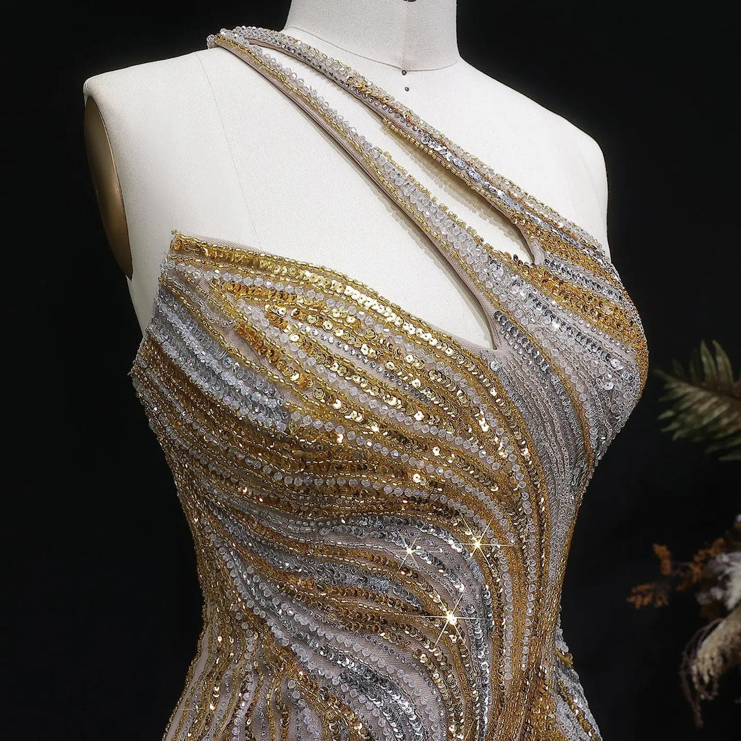 Luxury One Shoulder Beaded Evening Dress with High Slit SS153-DreamyVow