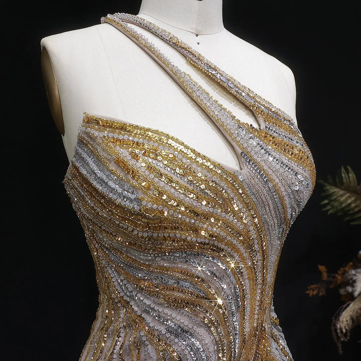 Luxury One Shoulder Beaded Evening Dress with High Slit SS153-DreamyVow