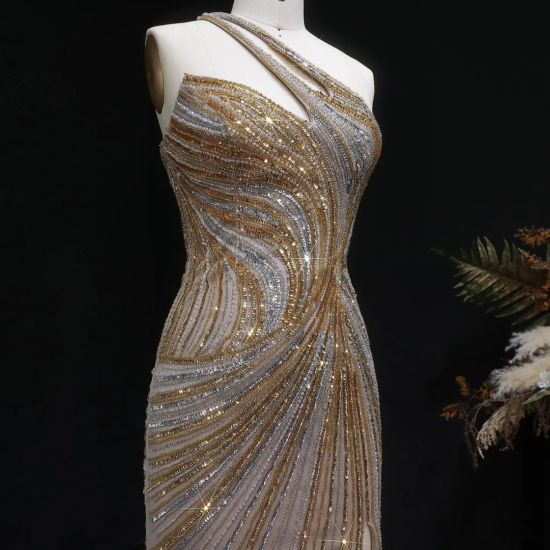Luxury One Shoulder Beaded Evening Dress with High Slit SS153-DreamyVow