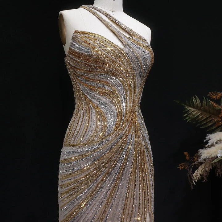 Luxury One Shoulder Beaded Evening Dress with High Slit SS153-DreamyVow