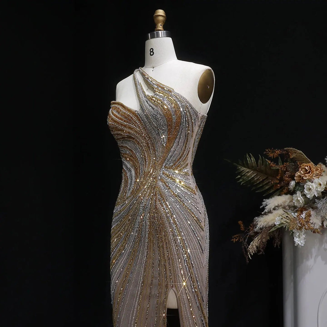Luxury One Shoulder Beaded Evening Dress with High Slit SS153-DreamyVow