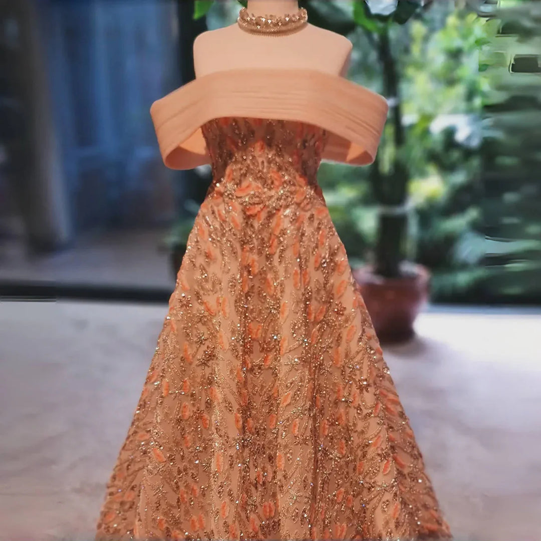 Luxury Orange Embroidered Evening Dress with Sparkling Sequins SS542-DreamyVow