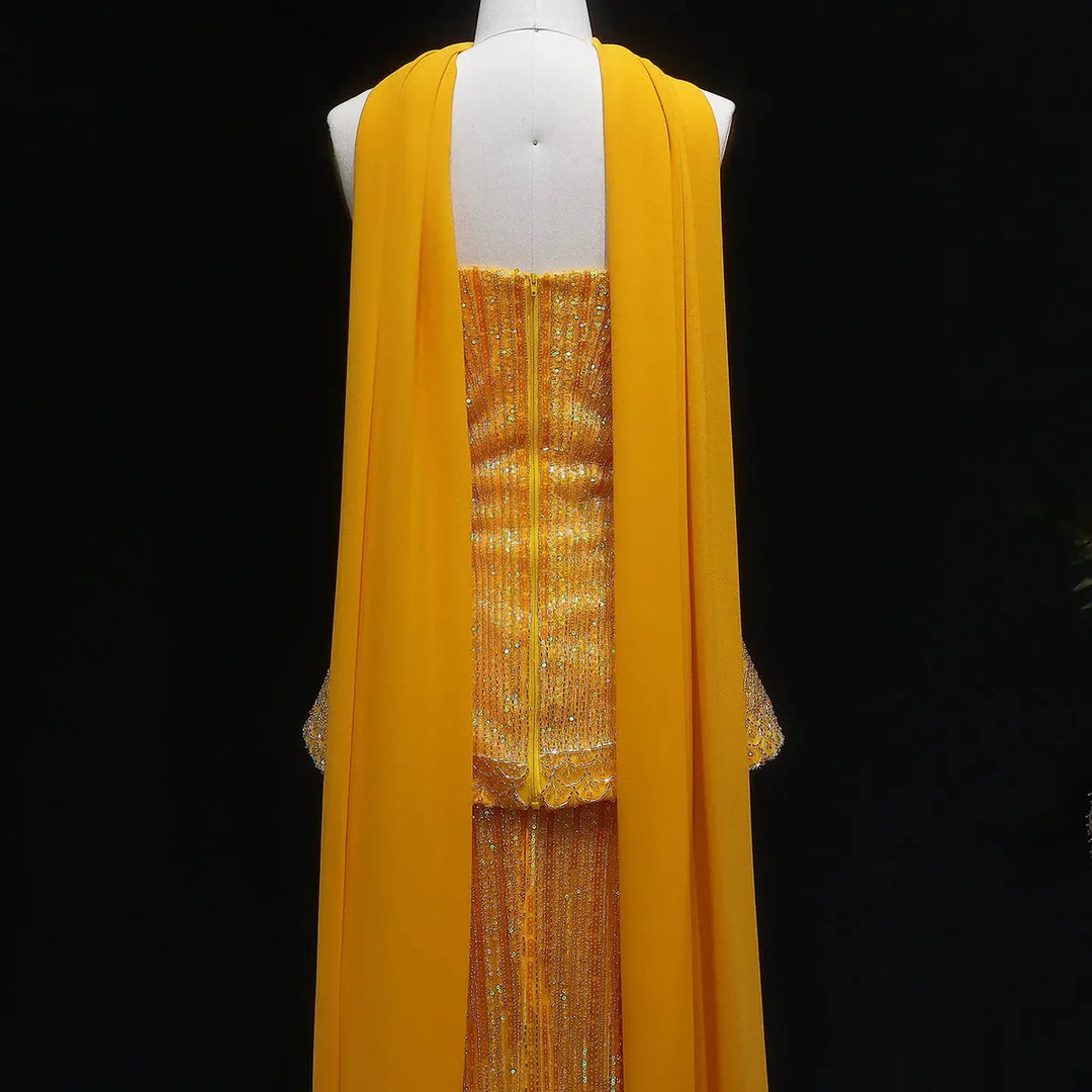 Luxury Orange Sparkle Strapless Peplum Pageant Evening Dress with Scarf SS560-DreamyVow