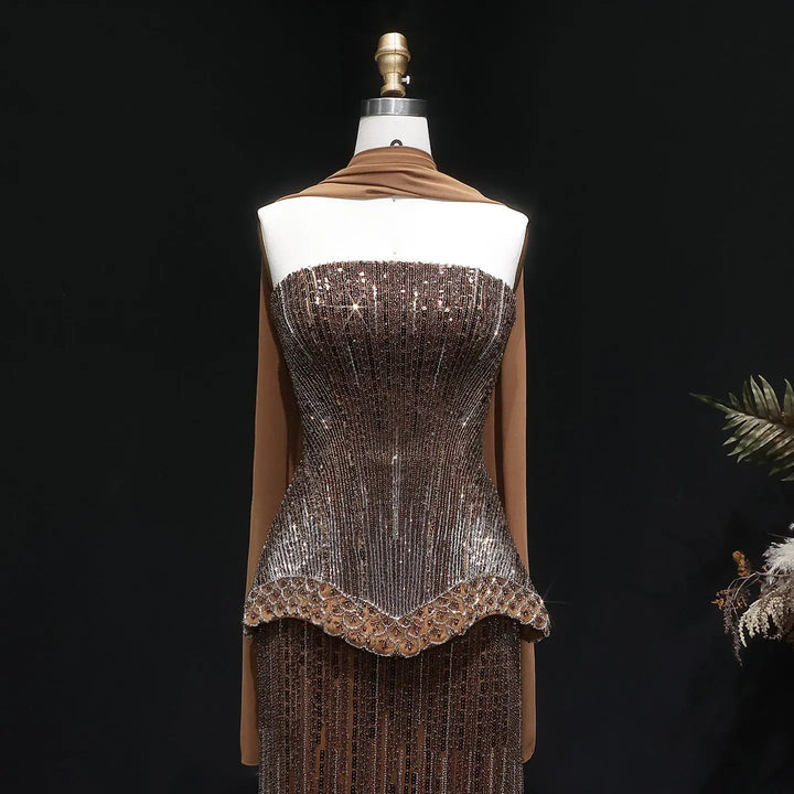 Luxury Orange Sparkle Strapless Peplum Pageant Evening Dress with Scarf SS560-DreamyVow