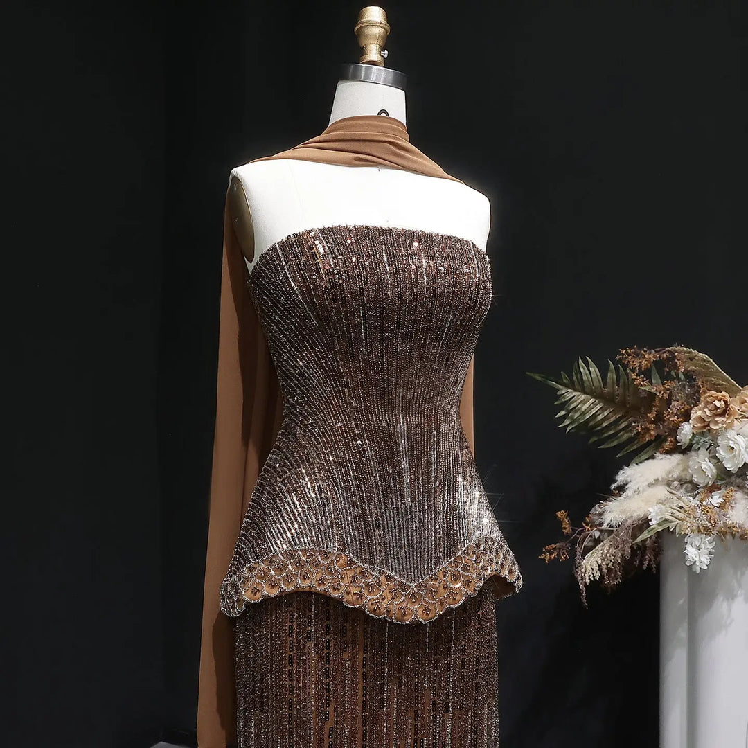 Luxury Orange Sparkle Strapless Peplum Pageant Evening Dress with Scarf SS560-DreamyVow