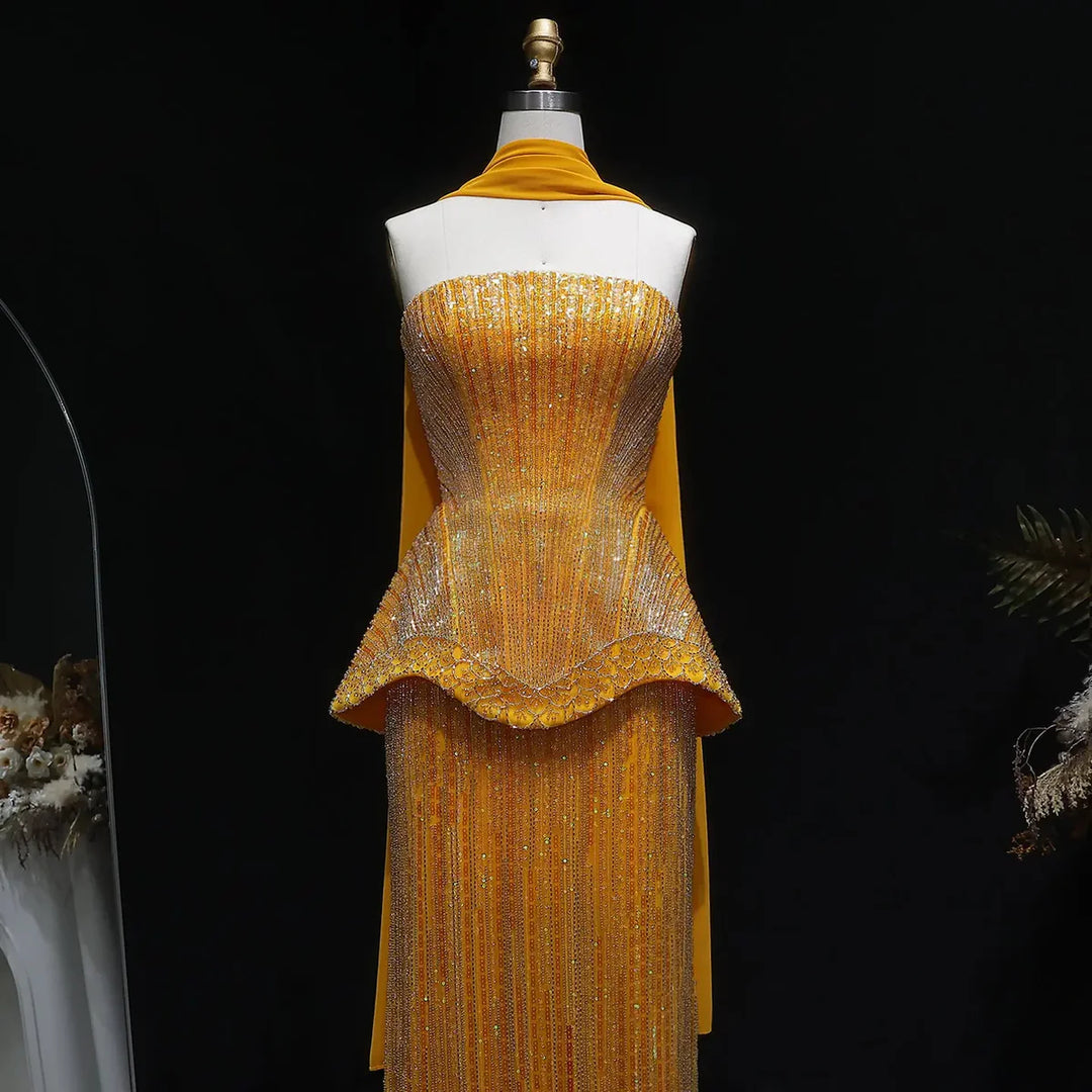 Luxury Orange Sparkle Strapless Peplum Pageant Evening Dress with Scarf SS560-DreamyVow
