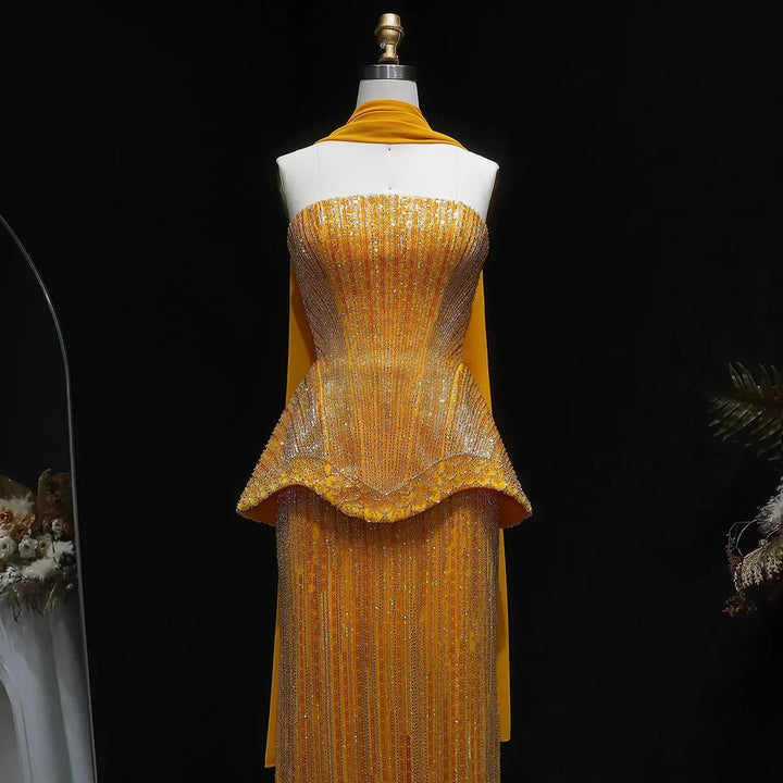 Luxury Orange Sparkle Strapless Peplum Pageant Evening Dress with Scarf SS560-DreamyVow