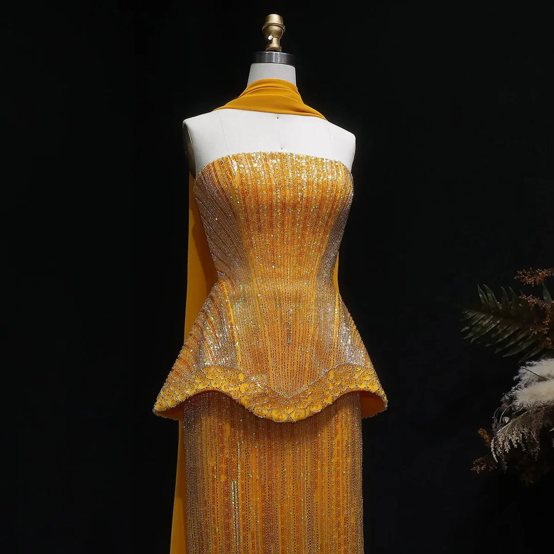 Luxury Orange Sparkle Strapless Peplum Pageant Evening Dress with Scarf SS560-DreamyVow