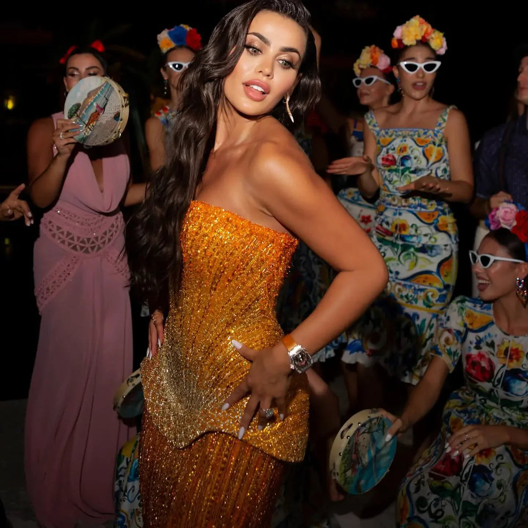 Luxury Orange Sparkle Strapless Peplum Pageant Evening Dress with Scarf SS560-DreamyVow