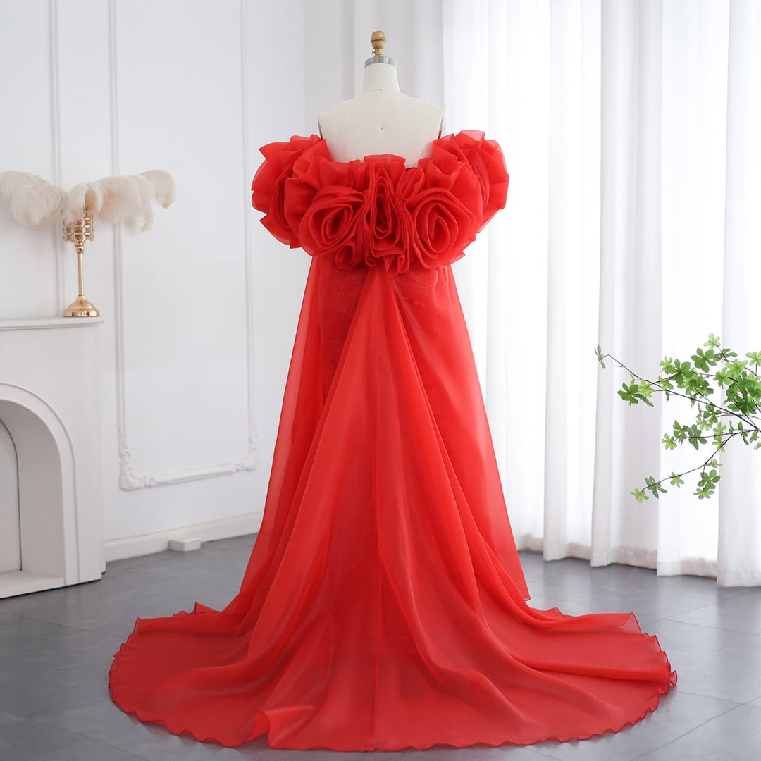 Luxury Pearl Red Evening Dress with 3D Flowers Cape SS585 Luxury Pearl Red Evening Dress with 3D Flowers Cape SS585