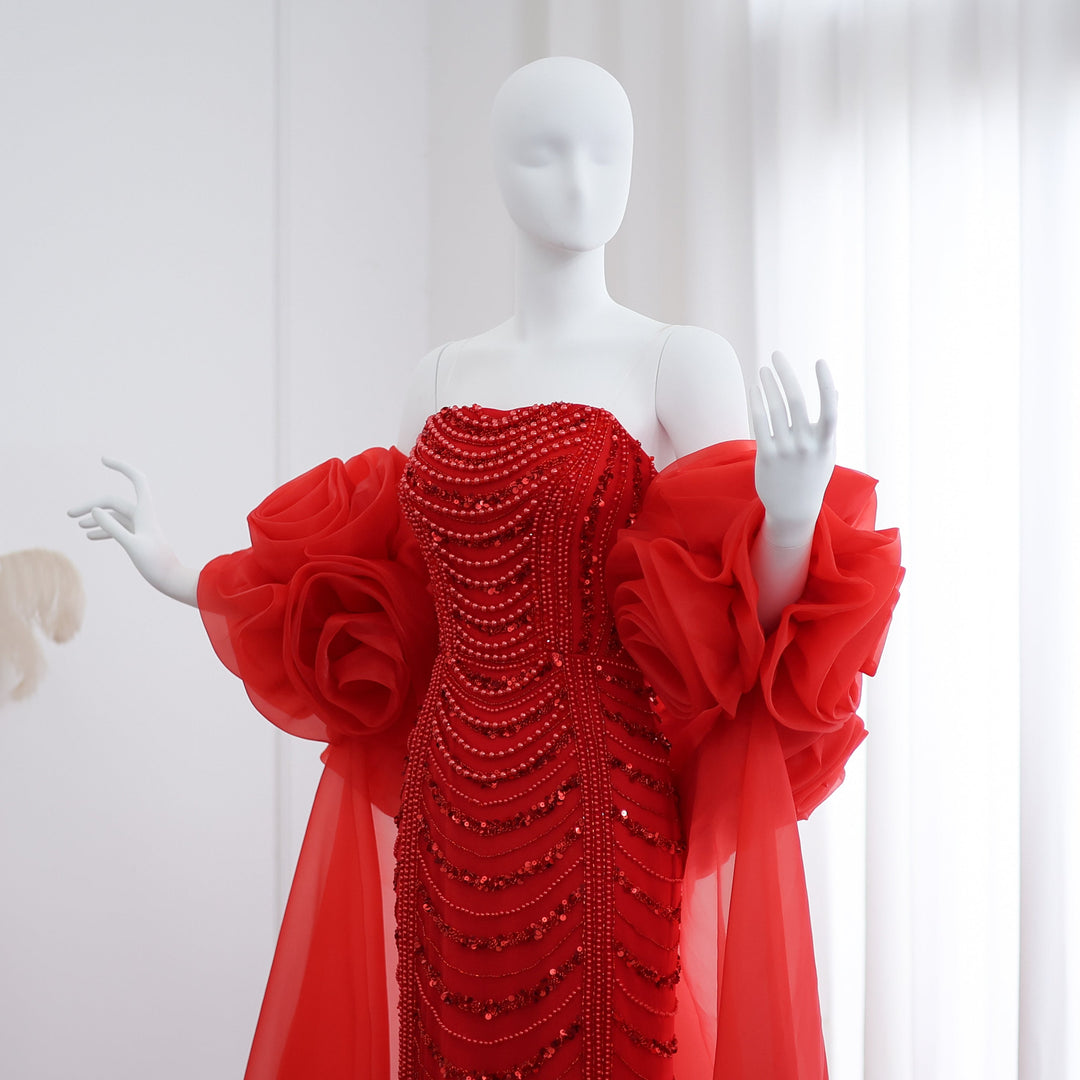 Luxury Pearl Red Evening Dress with 3D Flowers Cape SS585 Luxury Pearl Red Evening Dress with 3D Flowers Cape SS585