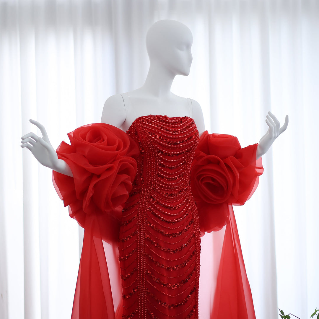 red pearl dress Burgundy Velvet Evening Dress with Pearl Chains - Off-the-Shoulder Dress with Sleeves