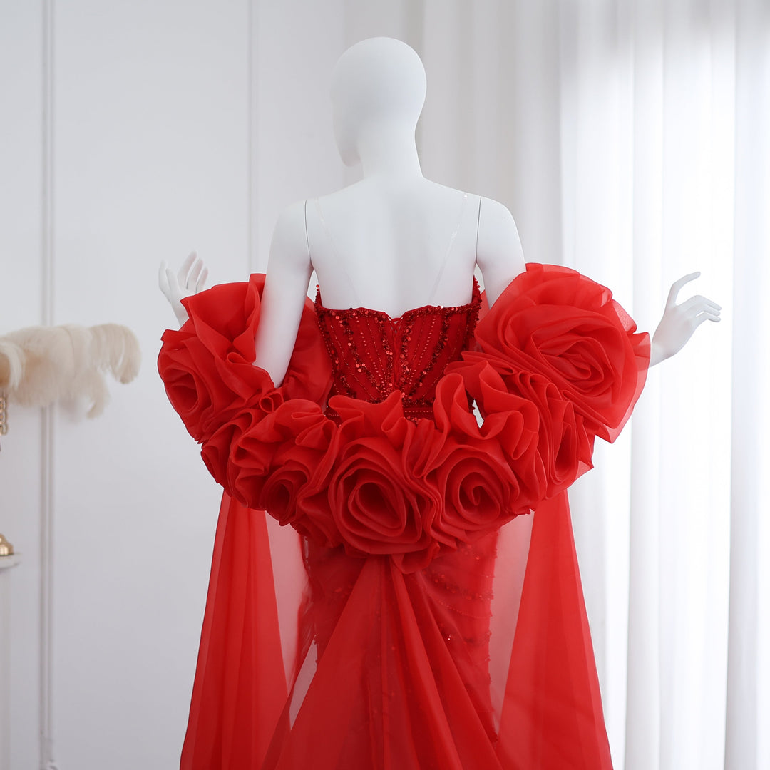 Luxury Pearl Red Evening Dress with 3D Flowers Cape SS585 Luxury Pearl Red Evening Dress with 3D Flowers Cape SS585