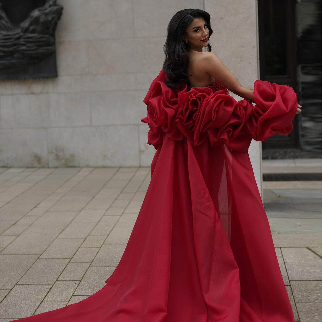 Luxury Pearl Red Evening Dress with 3D Flowers Cape SS585 DreamyVow Luxury Pearl Red Evening Dress with 3D Flowers Cape SS585 DreamyVow