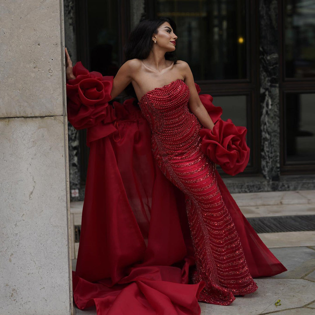 Luxury Pearl Red Evening Dress with 3D Flowers Cape SS585 Luxury Pearl Red Evening Dress with 3D Flowers Cape SS585