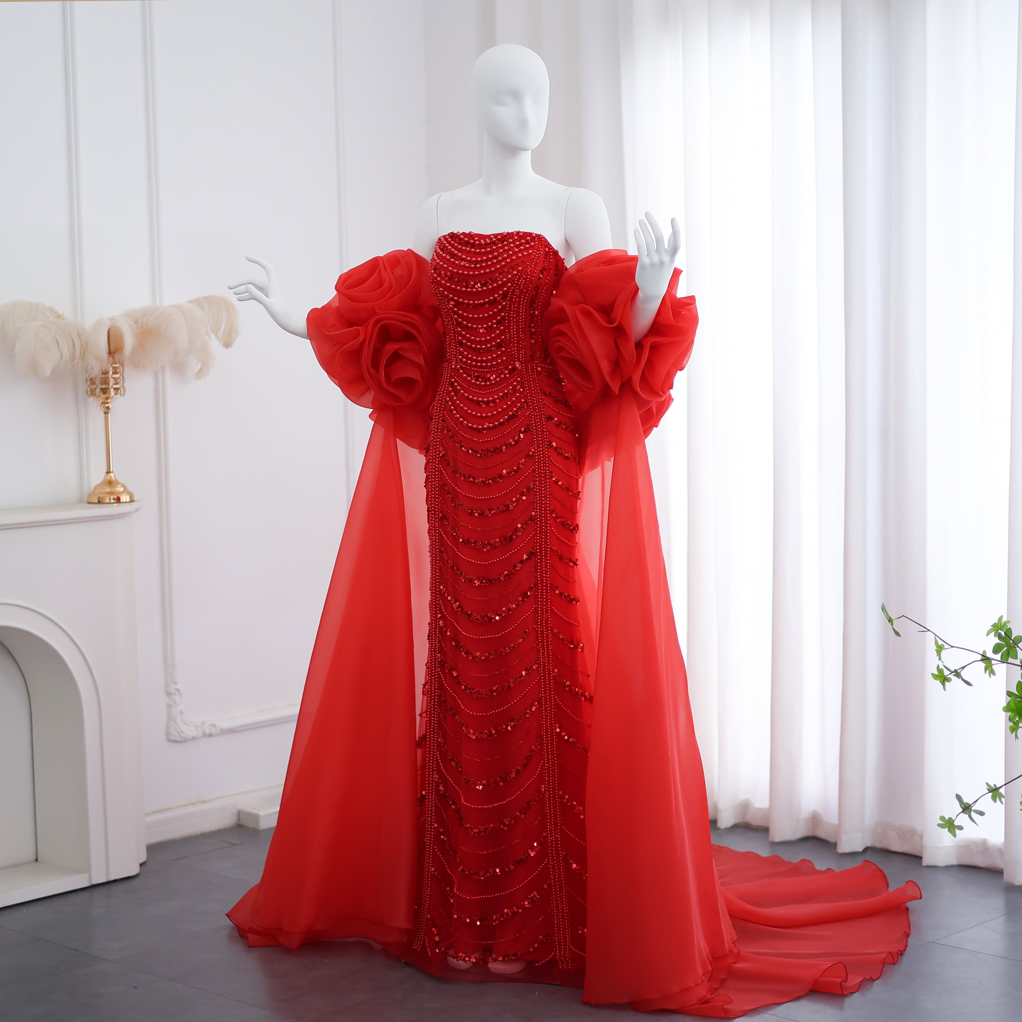 Luxury Pearl Red Evening Dress with 3D Flowers Cape SS585 – DreamyVow