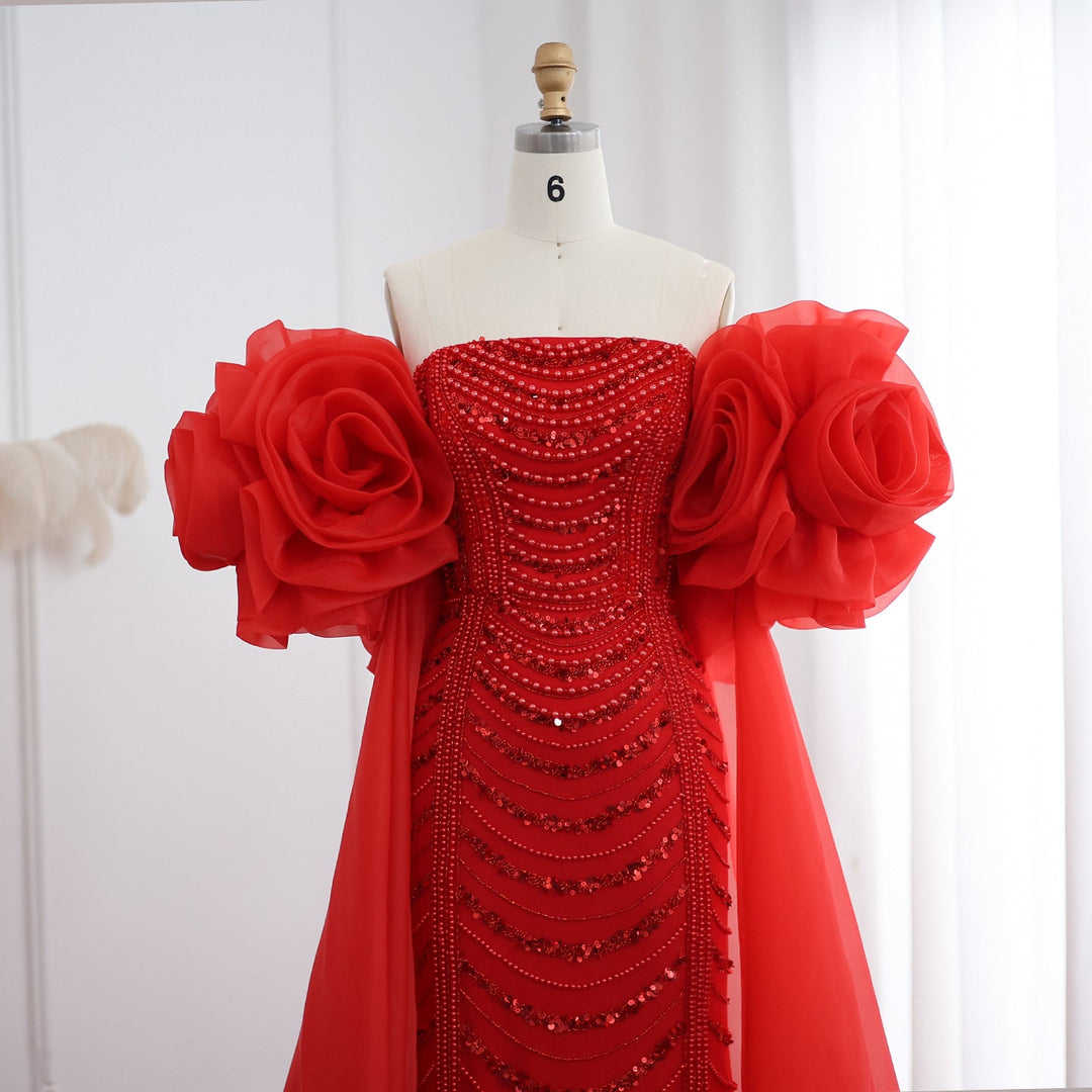 Luxury Pearl Red Evening Dress with 3D Flowers Cape SS585 – DreamyVow Luxury Pearl Red Evening Dress with 3D Flowers Cape SS585 – DreamyVow