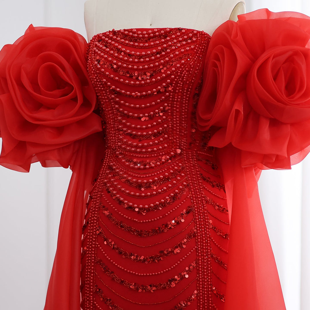 Luxury Pearl Red Evening Dress with 3D Flowers Cape SS585 DreamyVow Luxury Pearl Red Evening Dress with 3D Flowers Cape SS585 DreamyVow