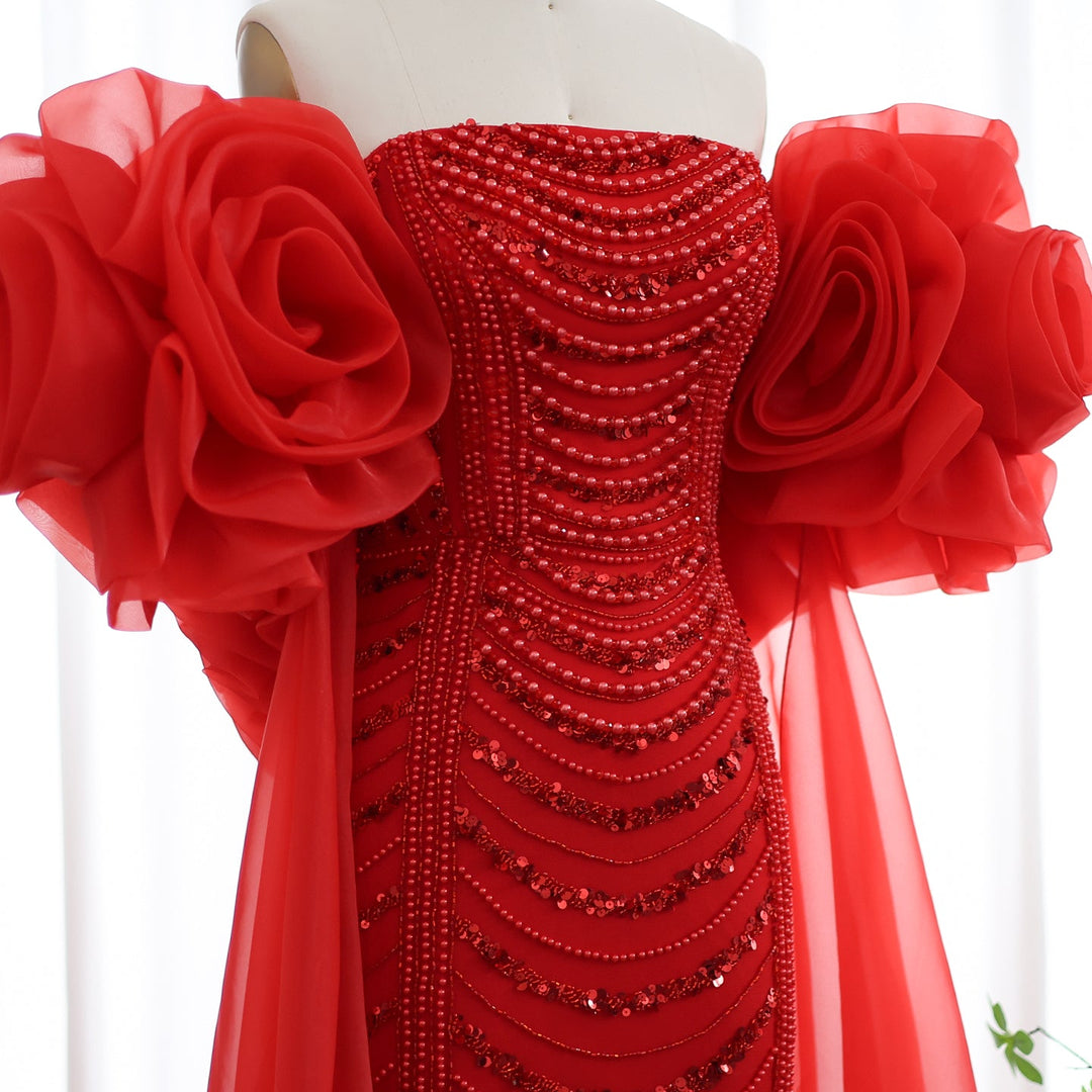 Luxury Pearl Red Evening Dress with 3D Flowers Cape SS585 Luxury Pearl Red Evening Dress with 3D Flowers Cape SS585