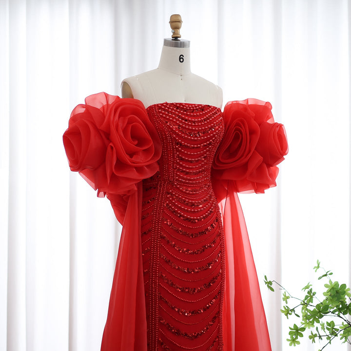 Luxury Pearl Red Evening Dress with 3D Flowers Cape SS585
