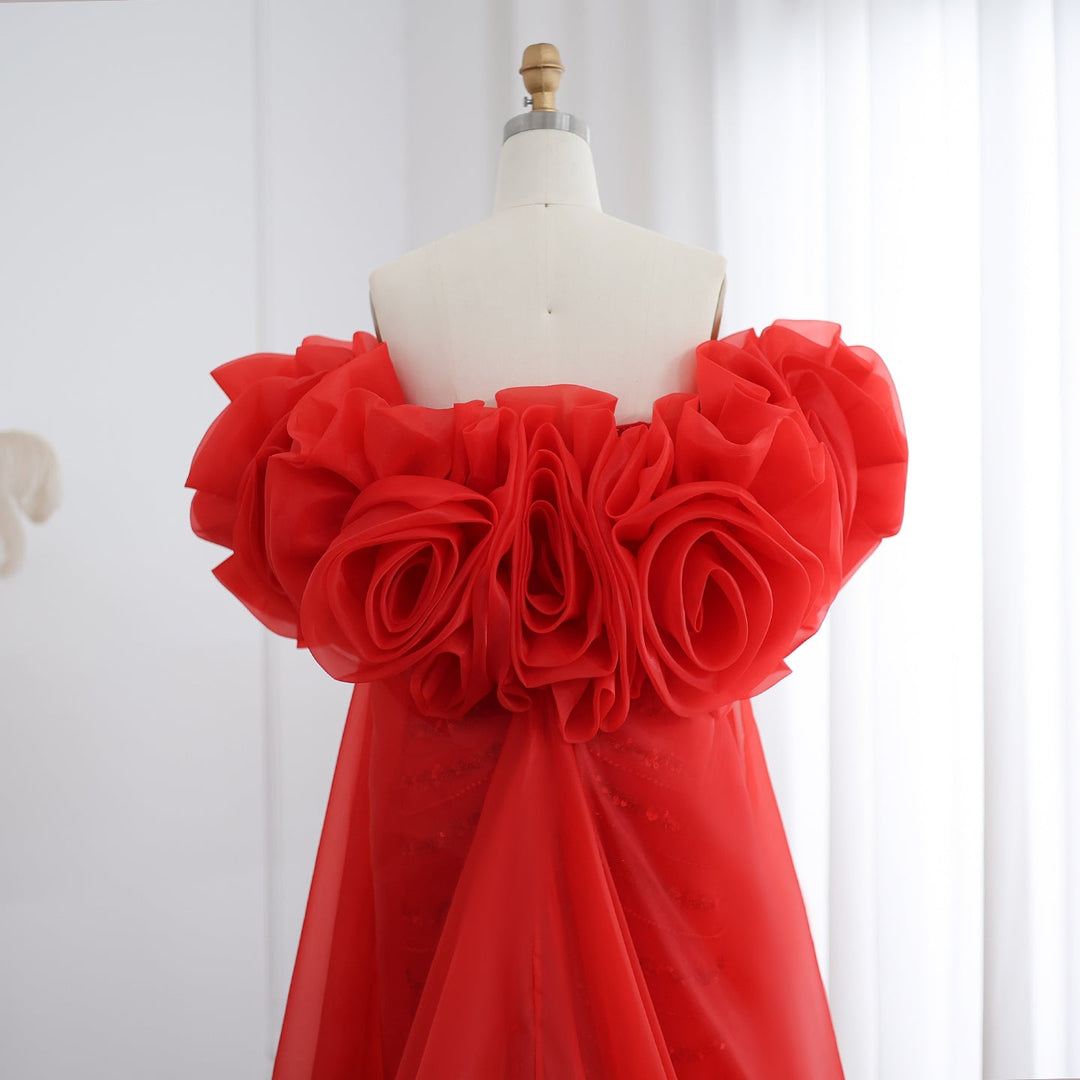 Luxury Pearl Red Evening Dress with 3D Flowers Cape SS585 DreamyVow Luxury Pearl Red Evening Dress with 3D Flowers Cape SS585 DreamyVow