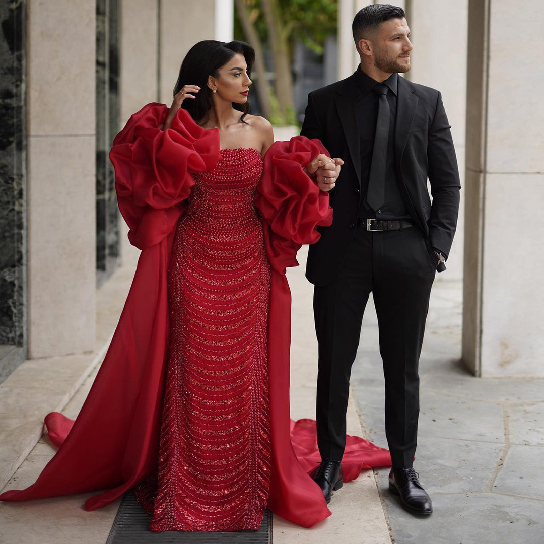 Luxury Pearl Red Evening Dress with 3D Flowers Cape SS585 Luxury Pearl Red Evening Dress with 3D Flowers Cape SS585