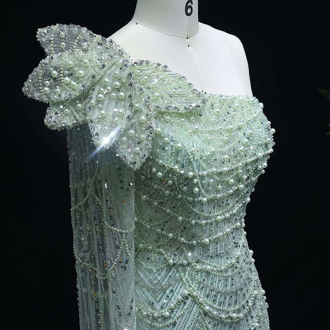 Luxury Pearls 3D Flower Green One Shoulder Evening Dress SS688