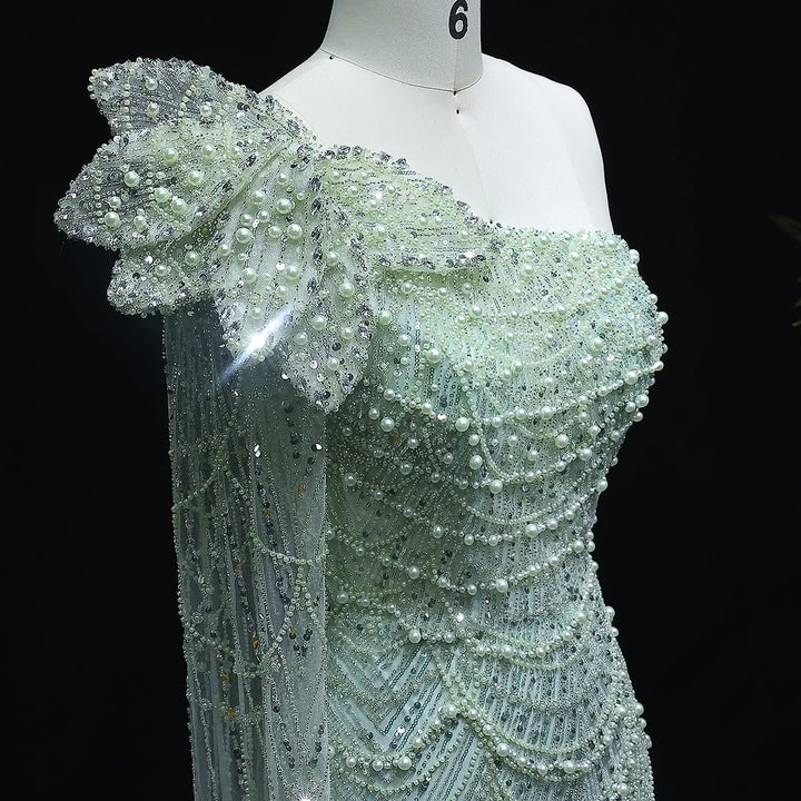 Luxury Pearls 3D Flower Green One Shoulder Evening Dress SS688