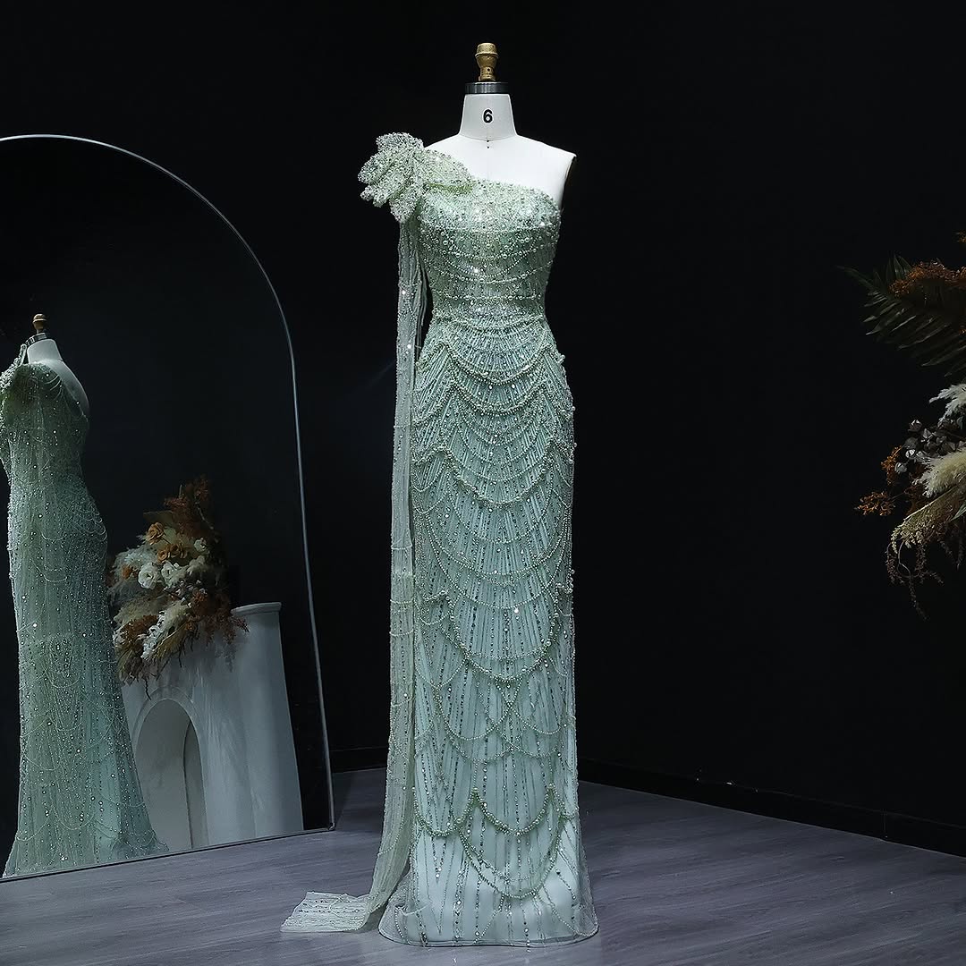 Luxury Pearls 3D Flower Green One Shoulder Evening Dress SS688 Luxury Pearls 3D Flower Green One Shoulder Evening Dress SS688