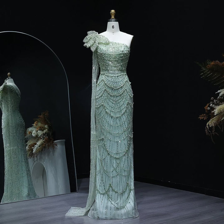 Luxury Pearls 3D Flower Green One Shoulder Evening Dress SS688