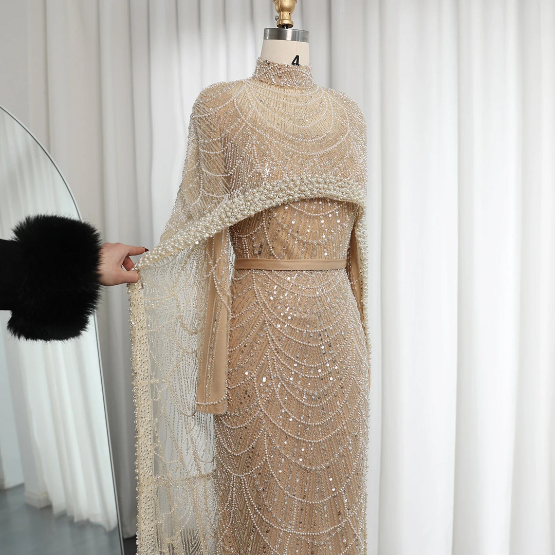 Luxury Pearls Champagne Evening Dresses with Cape SS369