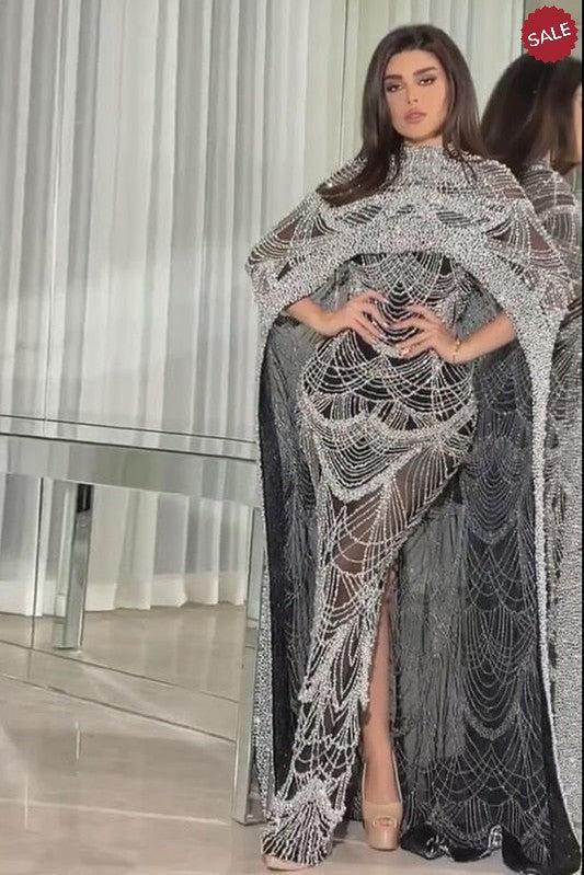 Luxury Pearls Champagne Evening Dresses with Cape SS369