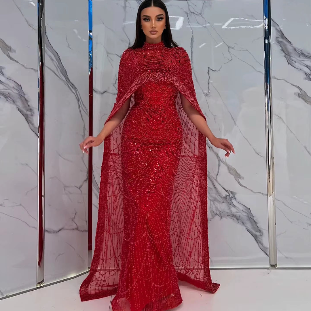 Luxury Pearls Champagne Evening Dresses with Cape SS369