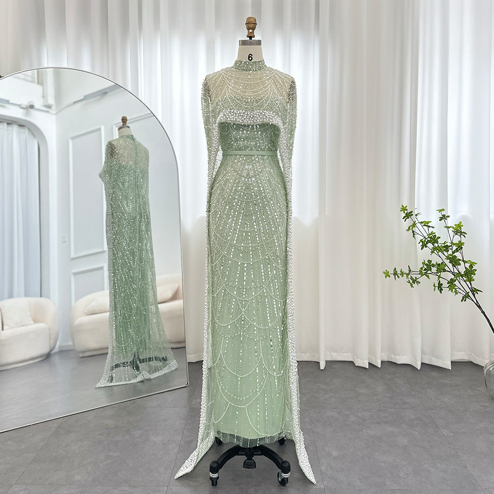 Luxury Pearls Champagne Evening Dresses with Cape SS369-DreamyVow
