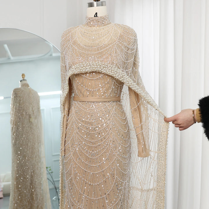 Luxury Pearls Champagne Evening Dresses with Cape SS369