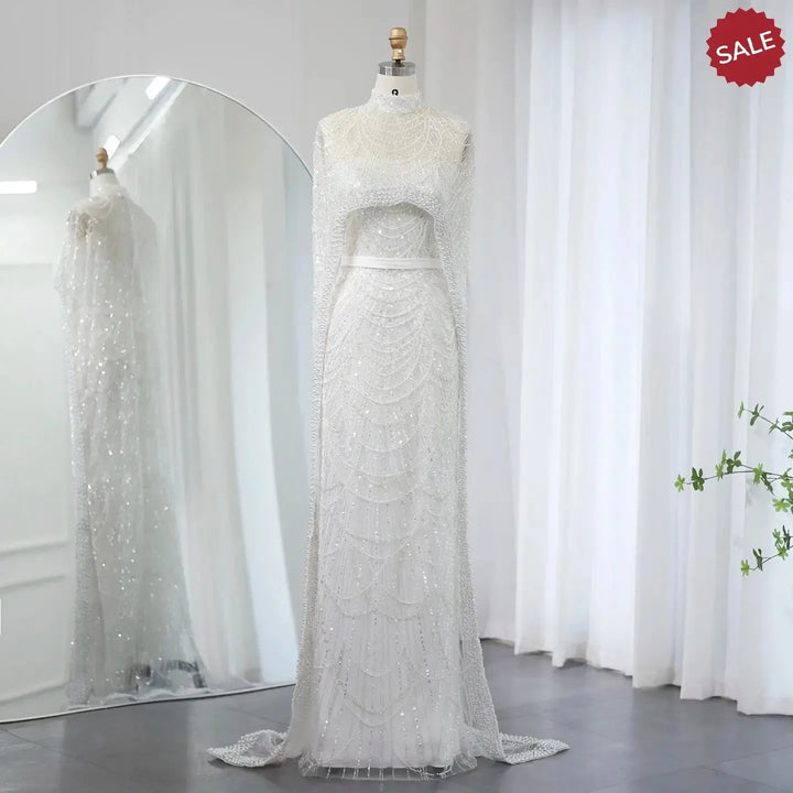 Luxury Pearls Champagne Evening Dresses with Cape SS369