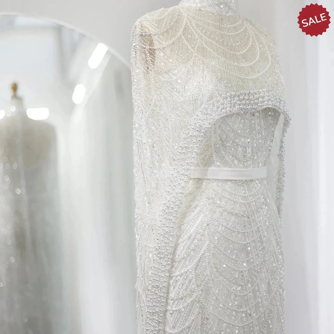Luxury Pearls Champagne Evening Dresses with Cape SS369