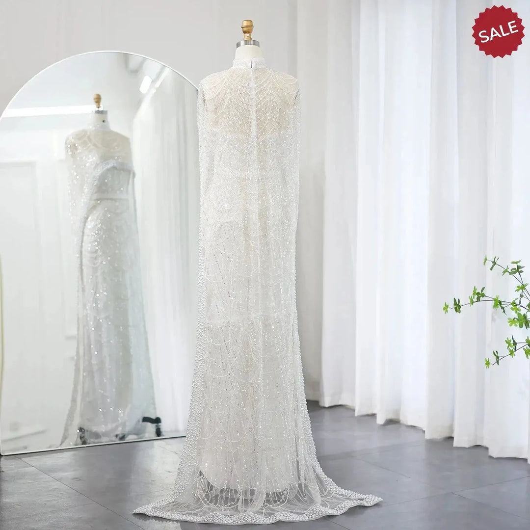 Luxury Pearls Champagne Evening Dresses with Cape SS369