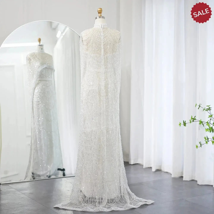 Luxury Pearls Champagne Evening Dresses with Cape SS369