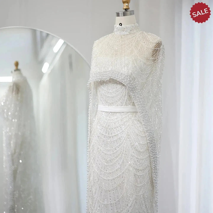 Luxury Pearls Champagne Evening Dresses with Cape SS369