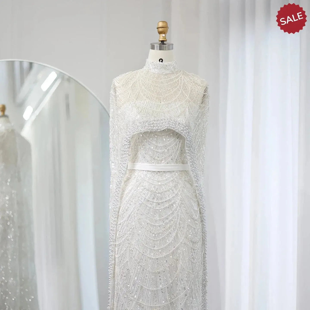 Luxury Pearls Champagne Evening Dresses with Cape SS369