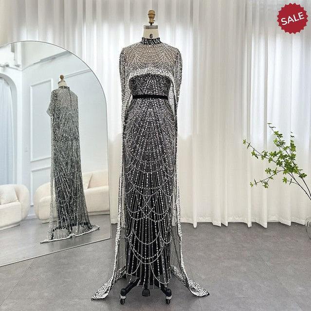 Luxury Pearls Champagne Evening Dresses with Cape SS369