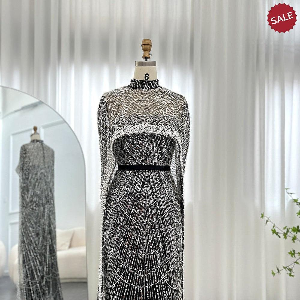 Luxury Pearls Champagne Evening Dresses with Cape SS369