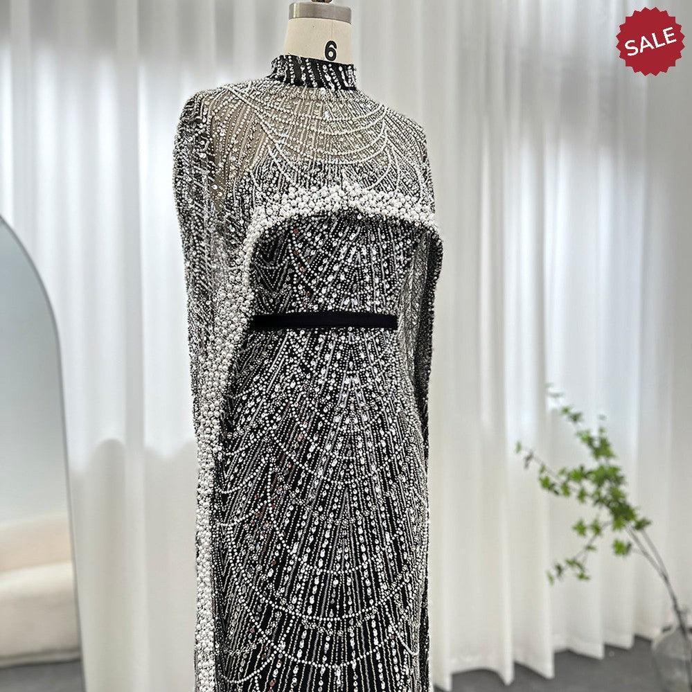 Luxury Pearls Champagne Evening Dresses with Cape SS369